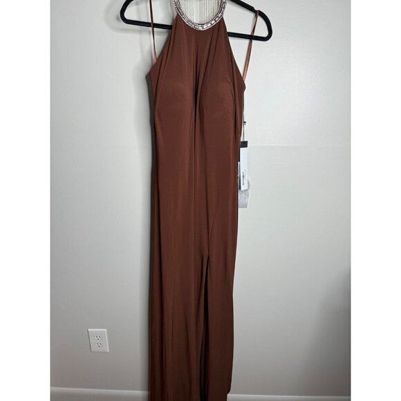 Mac Duggal IEENA 26518 Beaded Halter Neck Trumpet Gown Dress Chocolate Size 8 - Picture 4 of 10